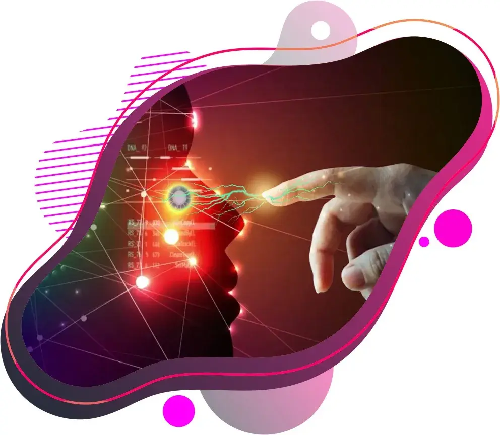 Web Development Agency: This image is a striking visual metaphor for the intersection of human intelligence and artificial intelligence. Here's a breakdown of its symbolic elements: 🧠 Left Side: Digital Human Head Silhouette of a human head filled with glowing nodes, lines, and data points evokes a neural network or digital brain. Alphanumeric codes like "DNA_12", "R5_44", and "R5_99" suggest genetic data or machine-readable identifiers, blending biological and computational themes. Overall impression: This side represents artificial intelligence, data-driven cognition, or a digitally enhanced mind. 🤲 Right Side: Human Hand A realistic human hand reaches out with the index finger extended, reminiscent of Michelangelo’s Creation of Adam. The gesture implies connection, initiation, or interaction—a human engaging with technology or AI. ⚡ Point of Contact Where the finger meets the digital head, there's a glowing burst of energy—symbolizing: Data transfer Mutual recognition Fusion of organic and synthetic intelligence 🎨 Artistic Style Abstract shapes and vibrant colors frame the scene, enhancing its futuristic and conceptual tone. The image doesn’t depict a literal event but rather a conceptual moment of convergence between humanity and technology. 💡 Interpretation This image captures the essence of human-AI collaboration, suggesting a future where digital systems and human consciousness interact seamlessly. It’s about connection, evolution, and the transformative power of intelligent technology.